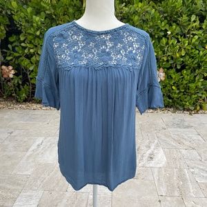 LOFT Womens Blue Embroidered Flutter Sleeve Top with Back Button Closure…